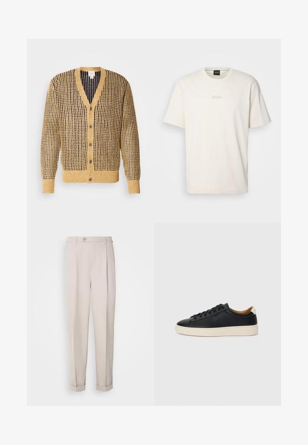 Gilet en tricot moutarde et marine, avec un motif texturé, col en V et cinq boutons à l'avant. Manches longues.; BOSS TEE - T-shirt basique - open white; Pantalon beige en tissu lisse, avec une coupe droite, un pli simple et des ourlets retroussés. Comprend une fermeture à bouton à l'avant.; Baskets en cuir noir avec une texture lisse, semelle en caoutchouc beige, design à lacets et accent de talon contrasté.