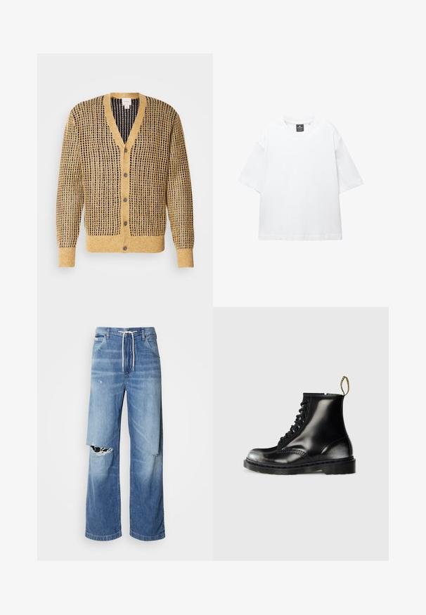 Cardigan lavorato a maglia in senape e navy, caratterizzato da un motivo testurizzato, scollo a V e cinque bottoni sul davanti. Maniche lunghe.; T-shirt bianco a maniche corte in cotone, con scollatura rotonda e vestibilità rilassata con orlo dritto. Nessun motivo o decorazione.; Jeans in denim blu chiaro con una vestibilità morbida, dotati di un cinturino bianco con lacci e distinti strappi sulla parte anteriore, che mostrano bordi sfilacciati.; Stivali neri in pelle fino alla caviglia con una finitura lucida, otto asole, lacci neri e un manico. Presentano una suola a carrarmato texturizzata.
