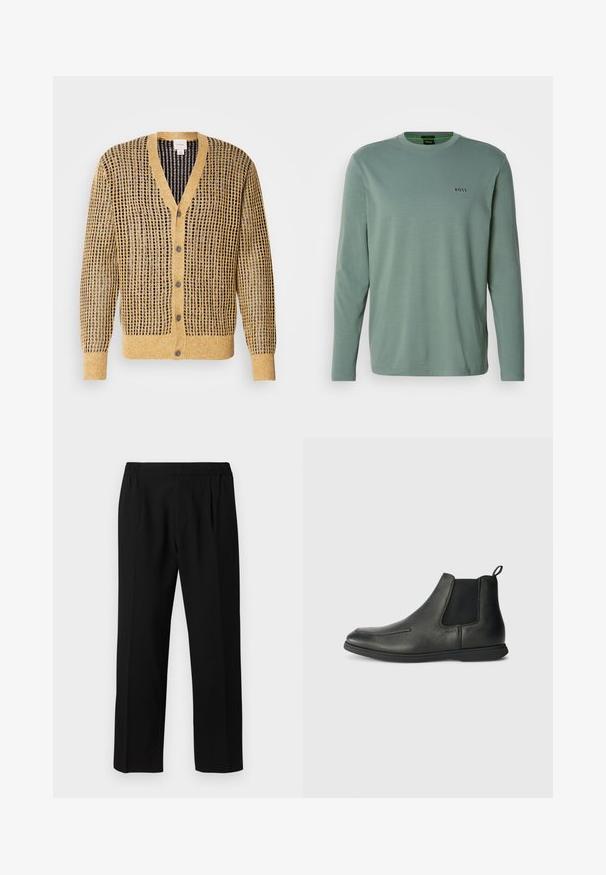 Knitted cardigan in mustard and navy, featuring a textured pattern, V-neck, and five buttons along the front. Long sleeves.; Light green long-sleeve t-shirt made of soft fabric. Features a crew neck and a small "BOSS" logo embroidered on the chest.; Black trousers made of a smooth fabric, featuring an elastic waistband, straight leg design, and two front pleats for added detail.; Black leather ankle boots with a smooth texture, elastic side panels, and a pull tab at the back. Rounded toe and rubber sole.