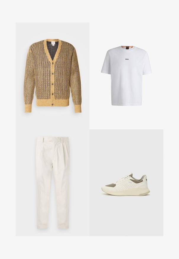 Mustár és tengerészkék színű kötött kardigán, texturált mintával, V nyakkal és öt gombbal az elején. Hosszú ujjakkal.; Fehér pamut póló rövid ujjakkal, középen fekete "BOSS" logóval a mellkason és kerek nyakú kialakítással.; Fehér, pliszírozott nadrág, testre szabott szabással, sima felülettel, övhurkokkal és karcsú lábszárral. Nincs látható zseb vagy minta.; Fehér és világos bézs sportcipő, légies hálós felsőrésszel, perforált részletekkel és texturált középtalppal, amelyen a saroknál a márka logója található.