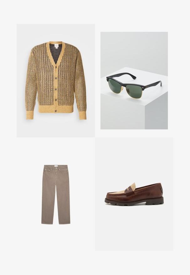 Neulecardigan sinapinkeltainen ja laivastonsininen, jossa on rakennekuvio, V-pääntie ja viisi nappia edessä. Pitkät hihat.; Valkoinen puuvillainen hihaton paita, jossa on pyöreä kaula-aukko, leveät olkaimet ja suora helma. Paidan tekstuuri on sileä, eikä siinä ole näkyviä kuvioita.; Ruske suknje ravnog kroja s pet džepova, metalnim detaljima i glatkom teksturom. Tkanina ima suptilni, ravnomerni uzorak.; Bordeaux nahkahiusut, joissa on harmahtava kangasasennus, tikkausyksityiskohtia ja teksturoitu kumipohja, joka on suunniteltu mukavuutta ja kestävyyttä varten.; Ray-Ban aurinkolasit, joissa on vihreät linssit, mustat muovikehykset ja kultaiset yksityiskohdat reunoilla. Neliön muoto, jossa on mattapinta.