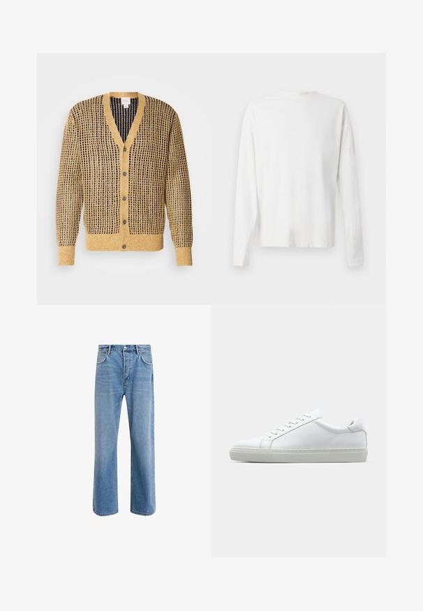 Stickad cardigan i senapsgul och marinblå, med en strukturerad mönster, V-ringning och fem knappar fram. Långa ärmar.; Vit långärmad skjorta i bomull med rund halsringning, sidofickor längst ner och en slät yta, visad bakifrån.; Ljust blå denimjeans med rak passform, fem fickor, knappstängning, minimal blekning och kontrasterande sömdetaljer.; Vit sneaker med en slät läderövre och låg profil. Har en rundad tå, sex snörhål och en strukturerad gummisula.