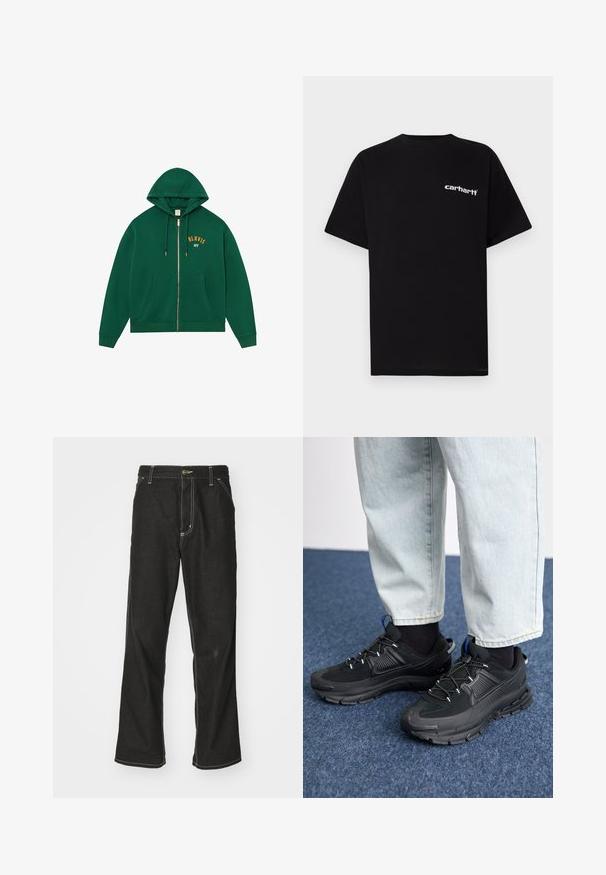 Zelena majica s kapuljačom na patentni zatvarač, s prednjim džepom u obliku klokana, kapuljačom s vezicama i zlatnim natpisom "BLKVIS NY" na prsima. Mekani materijal s rebrastim rubovima rukava.; Crna pamučna majica kratkih rukava, s okruglim izrezom i bijelim logotipom "Carhartt" na lijevoj strani prsa. Glatka tekstura, minimalistički dizajn.; Crne traperice s opuštenim krojem, s kontrastnim bijelim šavovima, zakovicom za zatvaranje i ravnim nogavicama.; Crne atletske cipele s teksturiranom tkaninom i gumene potplate, s elastičnim vezicama i plavim akcentom na peti. Nosene su s svijetlim trapericama.