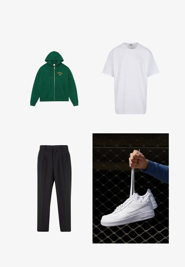 Zöld cipzáras kapucnis pulóver kenguruzsebbel, húzózsinóros kapucnival és arany "BLKVIS NY" felirattal a mellkason. Puha anyag bordás mandzsettákkal.; Fehér pamut póló rövid ujjal, kerek nyakú, laza szabású, és nincsenek látható logók vagy minták. Simább textúra és minimalista dizájn.; Fekete nadrág, pliszézett elejű dizájnnal, sima anyagból készült. Gombos záródás és övhurkok jellemzik; egyenes szabású.; Fehér bőr sportcipők perforációval, kerek orral, lapos talppal és vastag fűzőkkel, látható swoosh logóval és "AIR" felirattal a sarokrészen.