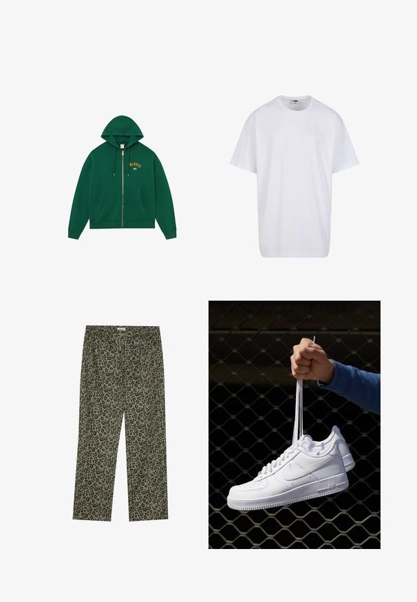 Grønn hettegenser med glidelås, kengurulomme, snøring i hetten og gullfarget "BLKVIS NY"-tekst på brystet. Mykt stoff med ribbestrikkede mansjetter.; Hvit bomull t-skjorte med korte ermer, rund utringning, avslappet passform, og ingen synlige logoer eller mønstre. Glatt tekstur og minimalistisk design.; Løveprintbukser i olivengrønn, laget av myk stoff, med elastisk liv og snøring for justerbar passform.; Hvite skinnsneakers med perforeringer, rund tå, flat såle og tykke lisser, med en synlig swoosh-logo og "AIR" på hælen.