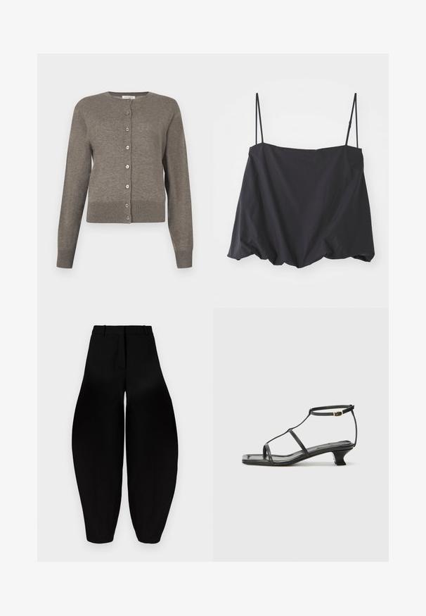 Ženski sivi kardigan s dugim rukavima, okruglim izrezom na vratu i zatvaranjem preko cijele prednje strane s gumbima.; Crni majica bez rukava s tankim naramenicama, slobodna kroja i skupljenim rubom. Izrađena je od lagane tkanine s glatkom teksturom.; Crne široke hlače s visokim strukom, naboranim prednjim dijelom i suženim gležnjevima. Izrađene su od glatkog materijala s mat završnom obradom.; Crne kožne sandale sa kvadratnim vrhom, tankim trakama, podesivom trakicom oko gležnja i niskom petom. Imaju mali zlatni detalj na traci.