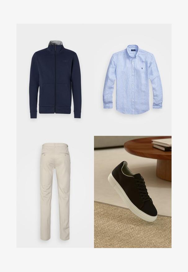 Námornícka zipová bunda z mäkkej tkaniny, s vyvýšeným golierom, dvoma prednými vreckami a rebrovanými manžetami a spodným okrajom. Discretne logo na hrudi.; Modrá a biela prúžkovaná košeľa s dlhými rukávmi vyrobená z bavlny, vybavená golierom na gombíky, prednými gombíkmi a malým vyšitým logom na hrudi.; Béžové nohavice s hladkou textúrou, rovný strih, dve zadné vrecká s gombíkmi a štandardný pás.; Čierna teniska s bielou podrážkou plávajúca nad béžovým textúrovaným kobercom pri okrúhlom drevenom stole s hromadou kníh.
