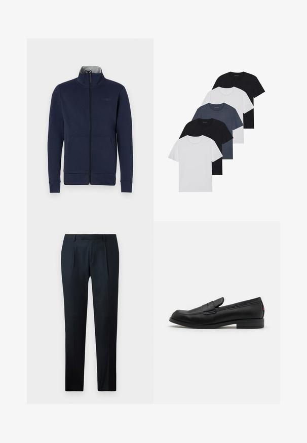 Tamsiai mėlynas zip-up džemperis, pagamintas iš minkštos medžiagos, su aukštu apykakle, dviem priekinėmis kišenėmis ir sutrauktomis rankovėmis bei apatine dalimi. Diskretus logotipo detalė ant krūtinės.; Penki marškiniai juodos, baltos ir mėlynos spalvos. Pagaminti iš medvilnės, trumpomis rankovėmis, su apvaliu kaklu, be raštų.; Tamsiai mėlynas, ilgomis rankovėmis, marškiniai su mygtukais, pagaminti iš lygios medžiagos. Yra standartinė apykaklė, priekinė mygtukų juosta su atitinkamais mygtukais ir rankogalių dizainas.; Juodi pritaikyti kelniai, pagaminti iš lygaus Audinio, su lieknu siluetu, dviem priekiniais klostėmis ir plokščiu liemeniu be matomų detalių.; Juodos odinės loafers' tipo bateliai su lygia apdaila, apvalia nosimi ir maža dekoratyvine kišenėle. Turi žemą sukrauto kulno ir subtilų prekės ženklo detalę.