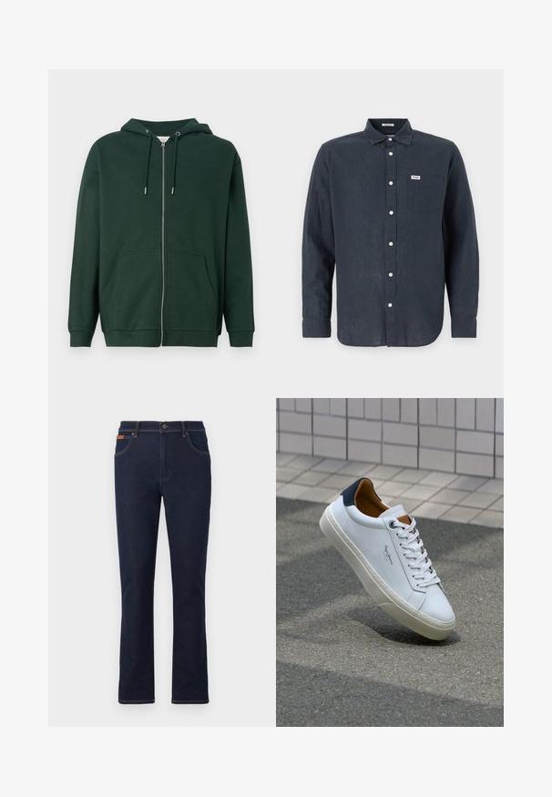 Ciemnozielona bluza z kapturem na zamek, wykonana z mieszanki bawełny. Posiada regulowany kaptur, przednie kieszenie i ściągacze na rękawach. Gładka tekstura.; Ciemnoniebieska, długosleeve koszula wykonana z lnu, z kołnierzykiem zapinanym na guziki, przednią kieszenią i białymi guzikami. Logo Wrangler na kieszeni.; Granatowe dżinsy o prostym kroju nogawki, z pomarańczowymi przeszyciami, pięcioma kieszeniami i zapięciem na guzik w talii.; Białe skórzane trampki z granatowym piętkiem, okrągłym noskiem i kontrastowymi brązowymi akcentami. Posiadają płaskie sznurówki i teksturowaną gumową podeszwę.