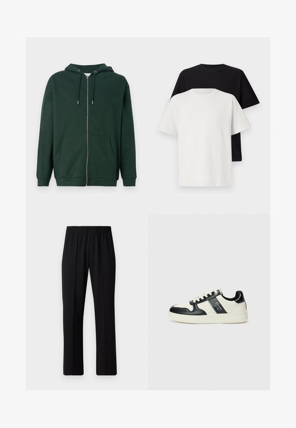 Mørkegrøn zip-up hættejakke lavet af bomuldsblandingsstof. Har snoretræk i hætten, forlommer og ribbede manchetter. Glat tekstur.; Sæt af bomulds T-shirts bestående af en sort top og en hvid top, begge med korte ærmer, rund halsudskæring og standard pasform. Tekstureret stof.; Sorte bukser med elastisk talje og lige ben, der har en glat tekstur og ingen synlige mønstre eller hardware.; Lædersneakers i sort og creme farveskema, med perforerede detaljer, en polstret krave og en struktureret ydersål.