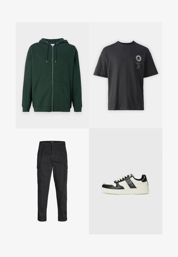 Tmavě zelená zipová mikina vyrobená z bavlněné směsi. Obsahuje kapuci se stažitelnou šňůrkou, přední kapsy a náplety na rukávech. Hladká textura.; Černé bavlněné tričko s krátkým rukávem, kulatým výstřihem a předními grafikami slunce a měsíce, doplněné textem "Le Soleil et La Lune."; Černé cargo kalhoty vyrobené z odolné tkaniny, s mnoha kapsami, knoflíkovým zapínáním a slim fit střihem se zúženými nohavicemi.; Kožené tenisky s černobílou barevnou kombinací, které mají perforované detaily, polstrovaný límec a texturovanou podrážku.