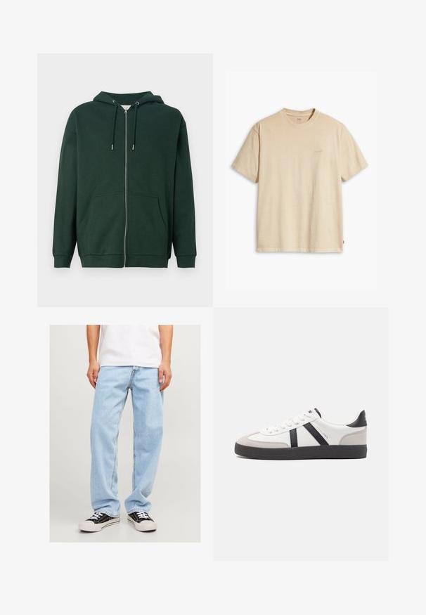 Donkergroene rits-hoodie van een katoenmix stof. Bevat een capuchon met trekkoord, voorzakken en ribboord. Glad van textuur.; Beige katoenen T-shirt met een ronde hals en korte mouwen. Bevat een subtiel 'Levi's' logo in dezelfde kleur op de borst. Zachte textuur.; Lichtblauwe denim jeans met een relaxed fit, met een rechte pijp en standaard stiksels, gecombineerd met zwarte sneakers.; Witte sneaker met zwarte en grijze accenten, voorzien van een grijze neus met textuur, zwarte rubberen zool en platte witte veters. Schoon ontwerp, minimalistische stijl.