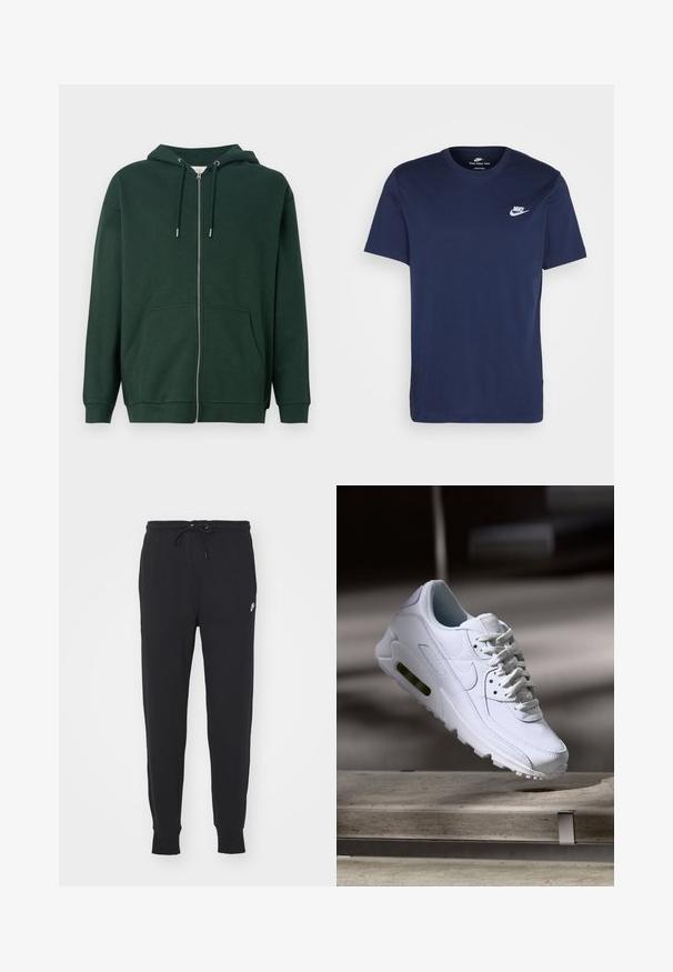 Felpa con zip di colore verde scuro realizzata in un mix di cotone. Presenta un cappuccio con cordino, tasche frontali e polsini a costine. Texture liscia.; T-shirt in cotone blu navy con colletto tondo e maniche corte. Presenta un logo Nike bianco sul petto a sinistra e un orlo dritto.; Pantaloni della tuta neri realizzati in cotone misto, con vita regolabile tramite cordino, gambe affusolate e un piccolo logo bianco sul davanti.; Sneaker bianco in pelle con superfici texture, collo imbottito e ammortizzazione d'aria visibile nella suola. Presenta lacci e un design minimalista.