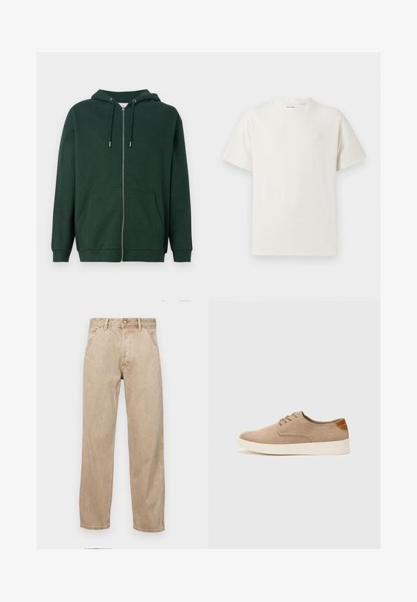 Mørkegrøn zip-up hættejakke lavet af bomuldsblandingsstof. Har snoretræk i hætten, forlommer og ribbede manchetter. Glat tekstur.; Hvid kortærmet T-shirt i ribbet tekstur. Rund halsudskæring, løs pasform, ingen synlige mønstre eller accenter. Enkel og alsidig design.; Beige denimjeans med lige bendesign, med forlommer, metalknaplukning og subtil struktur.; Beige ruskinds sneakers med rund tå, snørebånd foran og en struktureret rygdetalje. Hvid gummisål giver kontrast. Enkel og moderne design.