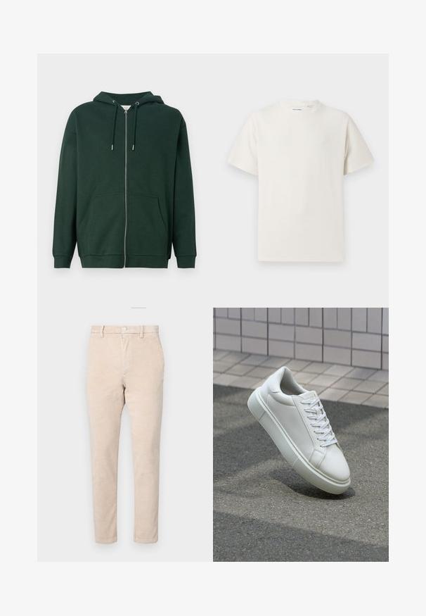 Sudadera con cremallera de color verde oscuro, hecha de una mezcla de algodón. Cuenta con una capucha ajustable con cordones, bolsillos delanteros y puños de canalé. Textura suave.; Camiseta blanca de manga corta en textura acanalada. Cuello redondo, corte relajado, sin patrones ni acentos visibles. Diseño simple y versátil.; Pantalones de pana beige con diseño de pierna recta, que cuentan con cierre de botón, trabillas para cinturón y una sutil textura acanalada.; Zapatilla de cuero blanca con una superficie lisa, punta redonda y cordones blancos planos. Presenta una suela de goma texturizada y elementos de diseño mínimos.