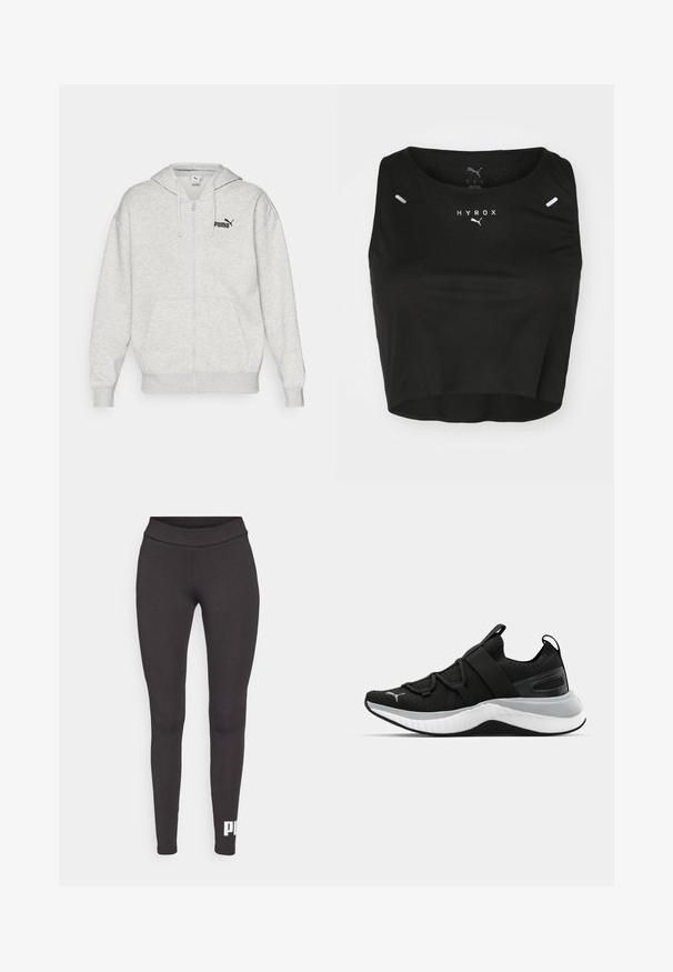Felpa leggera grigia con zip realizzata in misto cotone, dotata di una tasca frontale, polsini a costine e un piccolo logo nero Puma sul petto.; Top corto nero in tessuto testurizzato, con scollo rotondo, logo bianco e due piccoli dettagli riflettenti sulle spalle.; Leggings neri realizzati in tessuto elastico, con una cintura alta e un logo bianco stampato sulla parte inferiore della gamba sinistra. Texture liscia.; Scarpa sportiva nera con tomaia testurizzata, cinghie elastiche e una spessa suola intermedia bianca. Presenta un accento grigio lungo la suola.