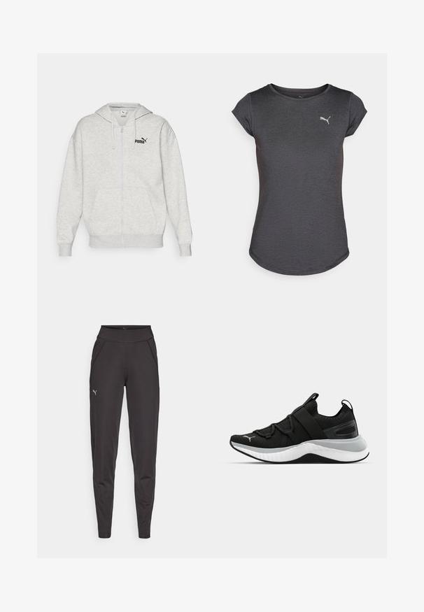 Svetlošedá zip-up mikina vyrobená z bavlnenej zmesi, má predné vrecko, rebrované manžety a malé čierne logo Puma na hrudi.; Sivý športový tričko s krátkymi rukávmi, okrúhlym výstrihom a diskrétnym logom na hrudi. Vyrobené z hladkej, ľahkej tkaniny.; Čierne športové legíny vyrobené z elastického materiálu, s vysokým pásom, bočnými vreckami a malým reflexným logom na ľavom stehne.; Čierne športové topánky s textúrovaným zvrškom, elastickými pásikmi a hrubou bielou medzipodrážkou. Obsahujú sivý akcent pozdĺž podrážky.