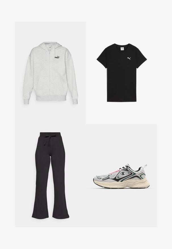 Šviesiai pilka užtrauktuku užsegama gobtuvinė striukė, pagaminta iš medvilnės mišinio, su priekinėmis kišenėmis, elastinėmis rankogaliais ir mažuoju juodu Puma logotipu krūtinėje.; Juodas dryžuotas trumpomis rankovėmis marškinėliai su apvaliu kaklu ir baltu Puma logotipu kairėje krūtinės pusėje. Lygi tekstūra. Klasikinis siluetas.; Juodos flared tipo sportinės kelnės, pagamintos iš minkštos medžiagos, su raišteliu reguliuojamu juosmeniu ir lygiu paviršiumi. Sukurtos patogumui ir lengvam dėvėjimui.; Sportiniai kedai su pilkai baltu tinkliniu viršumi, juodais akcentais, masyviu kreminiu padu ir rožinėmis bei mėlynomis dizaino detalėmis.