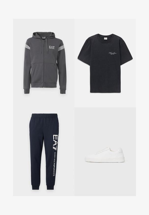 Siva zip-up kapucha, izdelan iz mehkega blaga. Ima sprednji logotip, črto vzorce na rokavih in kenguru žepke.; Črna majica s kratkimi rokavi in okroglo ovratnikom, z majhnim belim logotipom "Filling Pieces" na levi strani prsnega dela.; Temno modri bombažni trenerji z elastiko v pasu, zožanimi hlačnicami in kontrastnimi belimi logotipi EA7 in Emporio Armani, natisnjenimi ob strani.; Bela teniska z gladkim usnjenim zgornjim delom, okroglim nosom, vezalkami, teksturiranimi stranskimi poudarki in debelim gumijastim podplatom. Minimalističen dizajn.