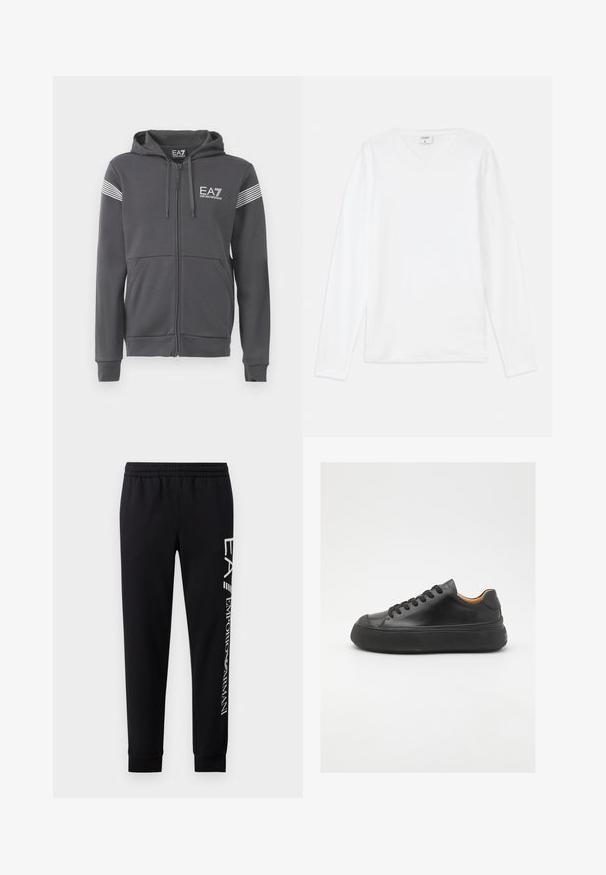Felpa grigia con zip realizzata in tessuto morbido. Presenta un logo frontale, dettagli a righe sulle maniche e tasche a marsupio.; Maglietta bianca a maniche lunghe con scollatura a V, realizzata in materiale morbido, caratterizzata da una vestibilità rilassata e fessure laterali per facilitare i movimenti.; Pantaloni della tuta neri in cotone misto, con vita elastica, gambe affusolate, polsini a coste e stampa del logo bianco lungo il lato.; Sneaker in pelle nera con punta tonda, allacciatura frontale, superficie liscia, suola in gomma spessa e interno a contrasto color nocciola.