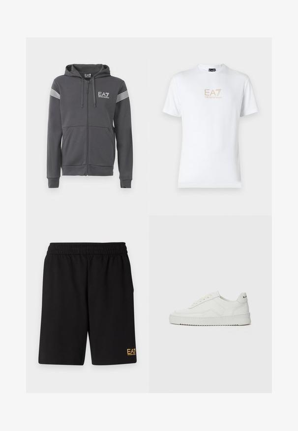 Szürke zipzáros kapucnis pulóver puha anyagból készült. Elöl logóval, az ujjakon csíkozott díszítéssel és kenguru zsebekkel rendelkezik.; Fehér pamut póló, kerek nyakkivágással és rövid ujjakkal, az elején arany EA7 Emporio Armani logóval nyomtatva.; Fekete sportnadrág puha anyagból, rugalmas derékkal és egy kis sárga EA7 logóval a bal alsó lábszáron.; Fehér bőr sportcipő sima felülettel, kerek orral, lapos fűzőkkel és texturált talppal. Finom logó található a sarokon.