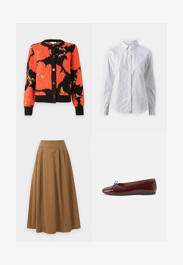 Kötött kardigán fekete háttérrel, piros és narancssárga pipacs mintákkal, bordás gallérral és mandzsettákkal, valamint nagy barna gombokkal.; Fehér, sima pamutből készült gombos ing, klasszikus gallérral, hosszú ujjakkal és ívelt hemvéggel. A gombok kicsik és fehérek.; Barna pamut A-vonalú szoknya magas derékkal, elöl pliszézett és sima textúrával. Az alsó szegélyek letisztultak és egyszerűek.; Burgundi lakkbőr balettcipő kerek orral, elöl kis masni díszítéssel és alacsony, fekete gumi talppal. Simára csiszolt felület.