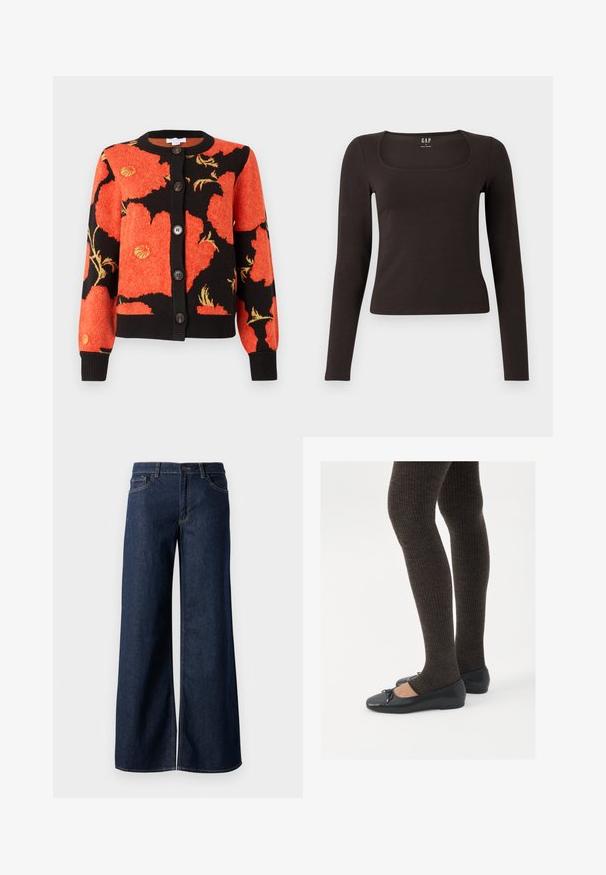 Strikket cardigan med svart bakgrunn og røde samt oransje valmue mønstre, ribbestrikket krage og mansjetter, og store brune knapper.; Svart langermet, tett topp med firkantet hals, merket GAP, vist på en hvit bakgrunn.; Vide benbukser i mørkeblå denim. Har kontrastsøm, fem lommer og en knaplukning i taljen. Glat tekstur.; Sorte flate sko med en liten sløyfedetalj på tåen, kombinert med mørkebrune ribbede strømpebukser. Skoene har en glatt overflate og lav profil.
