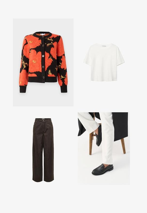 Stickad kofta med svart bakgrund och mönster i röda och orange vallmo, ribbad krage och manschetter, samt stora bruna knappar.; Vit t-shirt med kort ärm i bomull. Har en rundad halsringning och en avslappnad passform. Slät textur utan synliga mönster eller detaljer.; Vida byxor i mörkbrun färg, tillverkade av bomull, med en klassisk midjeband, dragkedja, fem fickor och minimalistiska stickningsdetaljer.; Svarta läderloafers med en slät yta och en bred remdetail, som bärs med vita skräddarsydda byxor. Klacken har en platt design.