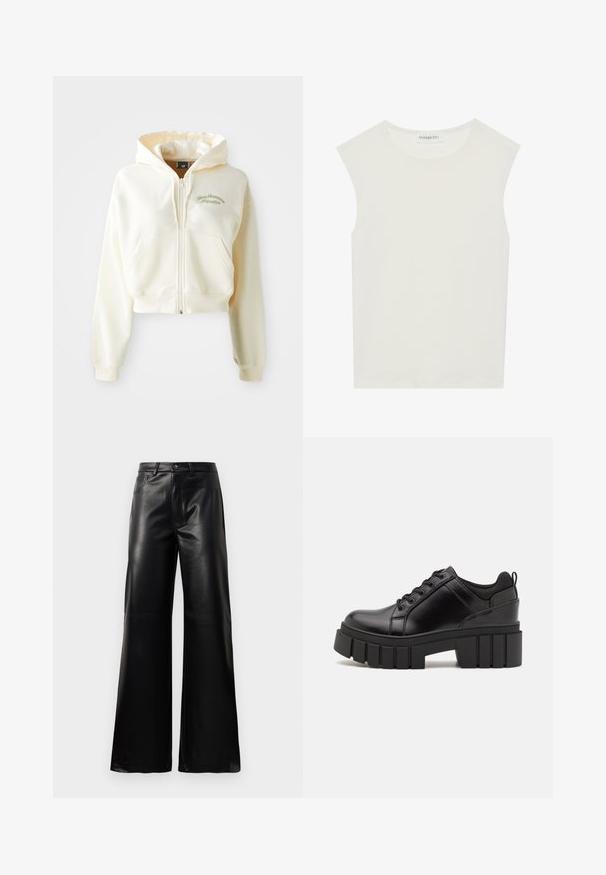 Kropēta, ar rāvējslēdzēju aizverama džemperis krēmkrāsā ar mīkstu tekstūru. Ievērojams ar kapuci, priekšējām kabatām un smalku zaļu izšuvumu ar uzrakstu "New Balance Athletics."; Balts bez piedurknēm tops ar apaļu kakla izgriezumu. Izgatavots no gludas auduma, tam ir brīvs piegriezums un minimālistisks dizains. Nav nekādas rakstainības vai akcentu.; Melnas augstās jostas platajās kājās sintētiskās ādas bikses ar priekšējo pogu, rāvējslēdzēju, jostas cilpām un sānu kabatām uz baltā fona.; Melnas ādas platformas kurpes ar masīvu bloku papēdi, apaļu purngalu un tradicionālu saistīšanas dizainu. Izceļas ar gludu tekstūru un minimālu apdari.