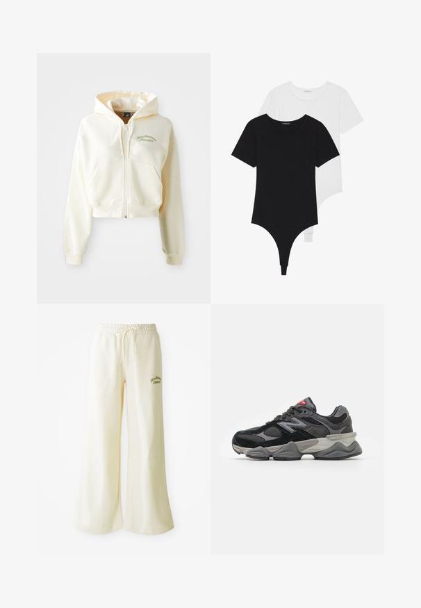 Hanorac scurt, cu fermoar, dintr-un material crem moale. Are capricorn, buzunare frontale și un broderie subtilă verde cu textul "New Balance Athletics."; Body-uri scurte din materiale negre și albe, cu mâneci scurte, decolteu rotund și fund întreg tip thong, fabricate dintr-un material neted și elastic.; Pantaloni de trening largi de culoare crem, cu talie elastică și șnur ajustabil. Textul brodat "Athletic" de culoare verde pe față. Material moale.; Adidași negri și gri cu un amestec de material din suede și plasă, talpă groasă, logo proeminent și accente roșii pe limbă.