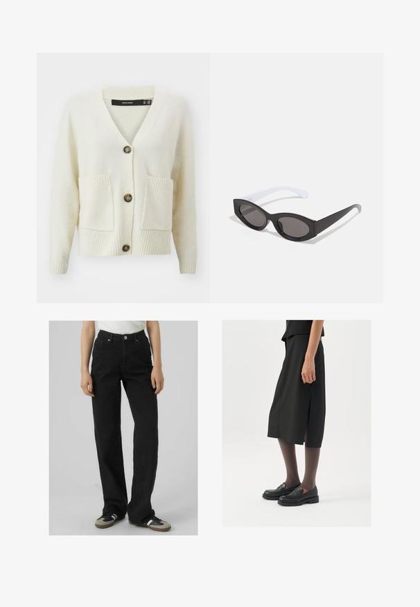 Vero Moda crèmekleurige cardigan met een V-hals, drie knopen, textuurstof en twee voorzakken met ribtrimmers bij de mouwen en de zoom.; Witte korte mouw t-shirt van katoen met een ronde hals en een relaxte pasvorm. Gladde textuur en geen zichtbare patronen of versieringen.; Zwarte high-waisted jeans met een rechte pijp, gemaakt van denim, met twee voorzakken en bronskleurige hardware accenten.; Zwarte knielange rok met zijsplit, gecombineerd met zwarte loafers en doorzichtige bruine panty's, met een mooie stof en een eenvoudig ontwerp.; Zwarte ovale zonnebril met een glanzende afwerking en dikke monturen; witte pootjes die geleidelijk smaller worden, met donker getinte glazen.