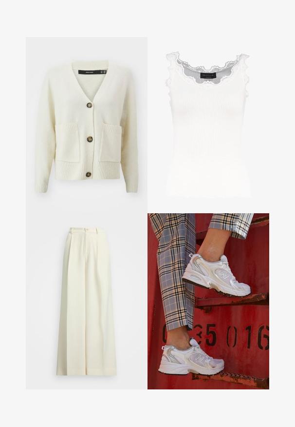 Cardigã creme da Vero Moda com decote em V, três botões, tecido texturizado e dois bolsos frontais com detalhes em canelado nas mangas e na bainha.; Camisola branca de alças com detalhe de renda na gola e nas mangas. Apresenta uma textura suave e um formato ajustado. Etiqueta da marca visível no interior.; Calças de perna larga em tecido bege claro, com cintura alta, pregas duplas e fecho de botão. Textura suave e design ajustado.; Sapatilhas brancas em malha com detalhes em prata e uma sola texturizada, posicionadas sobre uma superfície vermelha, combinadas com calças à quadrados.