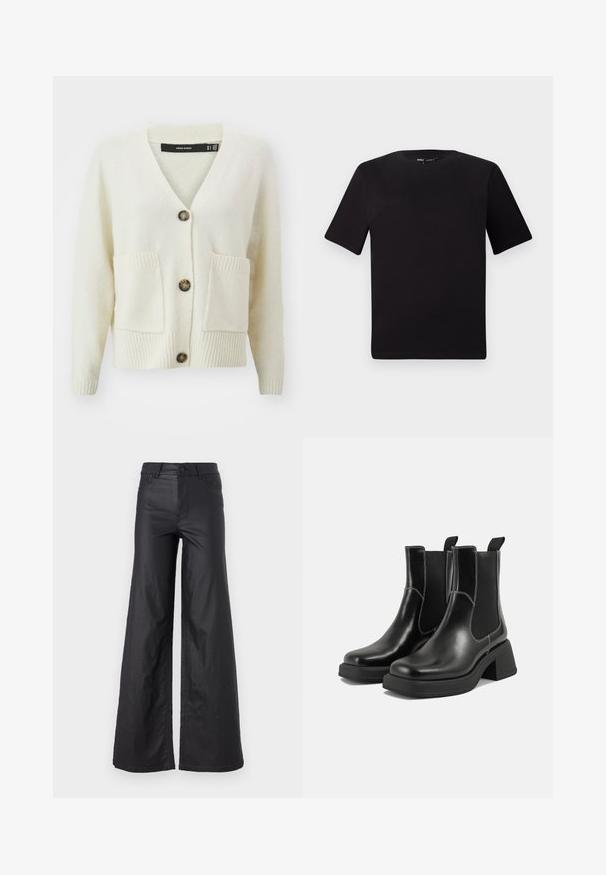 Cárdigan crema de Vero Moda con escote en V, tres botones, tejido texturizado y dos bolsillos frontales con ribetes en los puños y el dobladillo.; Camiseta negra de manga corta con cuello redondo, fabricada en suave algodón. Diseño simple, sin logos ni patrones visibles.; Pantalones de pierna ancha en material de cuero sintético. Presentan una cintura alta, trabillas para cinturón, dos bolsillos delanteros y detalles de costura.; Botas Chelsea de cuero negro con tacón grueso, paneles laterales elásticos y costuras en blanco que contrastan. Acabado texturizado.