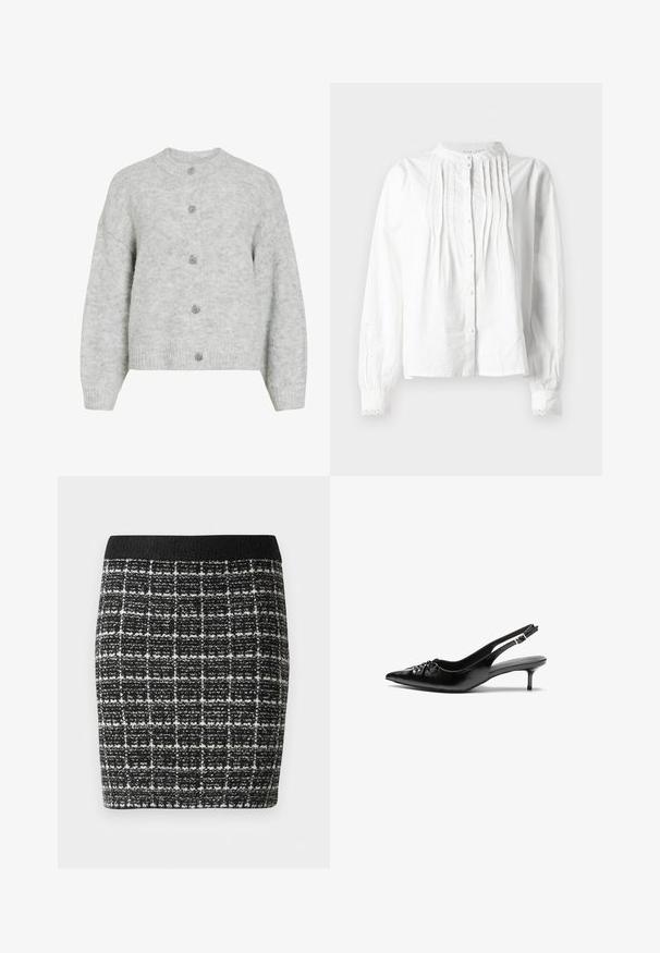 Halline hall kampsun, ümarate kaelustega, millel on lühendatud disain ja viis dekoratiivset nuppu. Pehme tekstuur peene mustriga.; Valge pikkade varrukatega pluus, millel on püsti krae, vertikaalsed voldid ees, nööbiga kinnitamine ja pitsiga ääristatud varrukad.; Mustvalge ruuduline seelik tekstureeritud kangaga, millel on must vöökoht ja istuv siluett.; Musthave nahkased kõrged kontsad, millel on terav varvas, väike kitten-kont ja dekoratiivne sõlm ees. Ühtlane sile tekstuur.