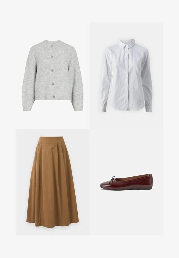 Siva pletena jopica s okroglim izrezom, ki ima krajšam dizajn in pet dekorativnih gumbov. Mehak tekstura z subtilnim vzorcem.; Bela srajca z gumbki, narejena iz gladkega bombaža, s klasičnim ovratnikom, dolgimi rokavi in ukrivljenim robom. Gumbi so majhni in beli.; Rjava bombažna A-linijska krila z visokim pasom, ki vključuje naborke spredaj in gladko teksturo. Robovi so čisti in preprosti.; Burgundska patenti usnjeni baletni čevlji z zaobljenim prstom, majhnim lokom na sprednji strani in nizkim črnim gumijastim podplatom. Gladka tekstura.