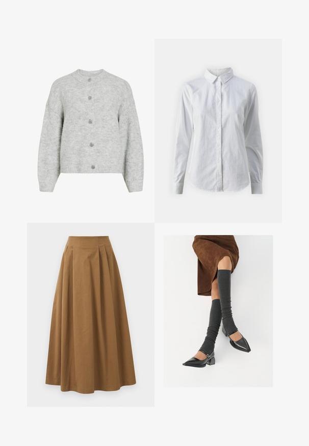 Grå stickad kofta med rund halsringning, med en kortad design och fem dekorativa knappar. Mjuk textur med ett subtilt mönster.; Vit skjorta med knappar, tillverkad av mjuk bomull, med klassisk krage, långa ärmar och en böjd fåll. Knapparna är små och vita.; Brun bomull A-linje kjol med hög midja, med veck ned längs framsidan och en mjuk textur. Sömmen är ren och enkel.; Svarta lackläderskor med spetsig tå, blockklack och ankelrem, i kombination med grå ribbade benvärmare och en brun mockakjol.