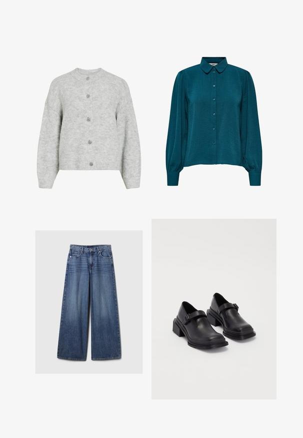 Szürke kötött kardigán kerek nyakkivágással, cropped fazonnal és öt díszgombbal. Puha textúrájú, diszkrét mintázattal.; Türkiz blúz, galléros nyakkivágással, gombos elöléttel és hosszú ujjakkal. Texturált anyagból készült, összegyűrt mandzsettákkal.; Széles lábú kék farmernadrág elhalványodott felülettel, gombos és cipzáras záródással, öt zsebbel és övhurkokkal.; Fekete bőr cipők lekerekített orral, lapos talppal és csattal díszített pánttal. Masszív blokk talp a megnövelt stabilitásért.