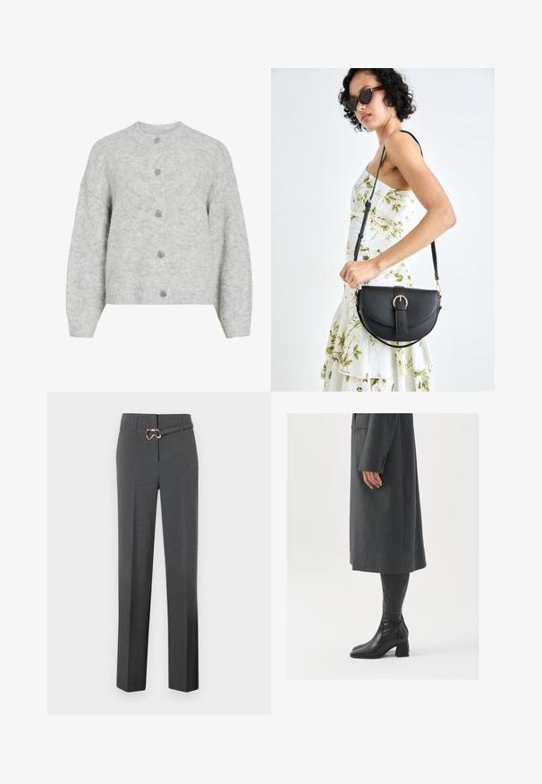 Sivi pleteni kardigan s okruglim izrezom, s kraćim dizajnom i pet dekorativnih dugmadi. Mekana tekstura s suptilnim uzorkom.; Crna pamučna bluzica s V-izrezom, napuhanim rukavima i naglaskom u obliku kravate na struku. Gornji dio je nabrčan za peplum oblik.; Tamno sive krojene ženske hlače s ravnim nogavicama i tankim odgovarajućim remenom sa zlatnim kopčanjem.; Sivi, krojeni kaput ravnog kroja; uparen s crnim kožnim čizmama do koljena koje imaju četvrtasti vrh i debeli potplat.; Crna kožna torba s lukovitim oblikom, odvojivim remenom i zlatnim detaljima. Torba ima preklop s kopčom.