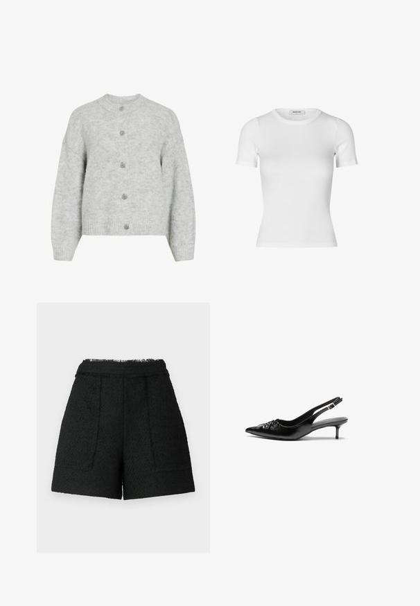 Szary sweter robiony na drutach z okrągłym dekoltem, posiadający skrócony krój i pięć ozdobnych guzików. Miękka faktura z subtelnym wzorem.; Biała koszulka krótko rękawowa wykonana z prążkowanej bawełny. Dopasowany krój z okrągłym dekoltem i gładką teksturą. Bez wzorów ani ozdób.; Czarne szorty wykonane z teksturowanej tkaniny z postrzępionym dołem, z dwoma przednimi kieszeniami i dopasowanym krojem.; Czarne skórzane szpilki na ramiączku z ostrym noskiem, małym słupkiem i ozdobnym węzłem z przodu. Gładka faktura na całej powierzchni.