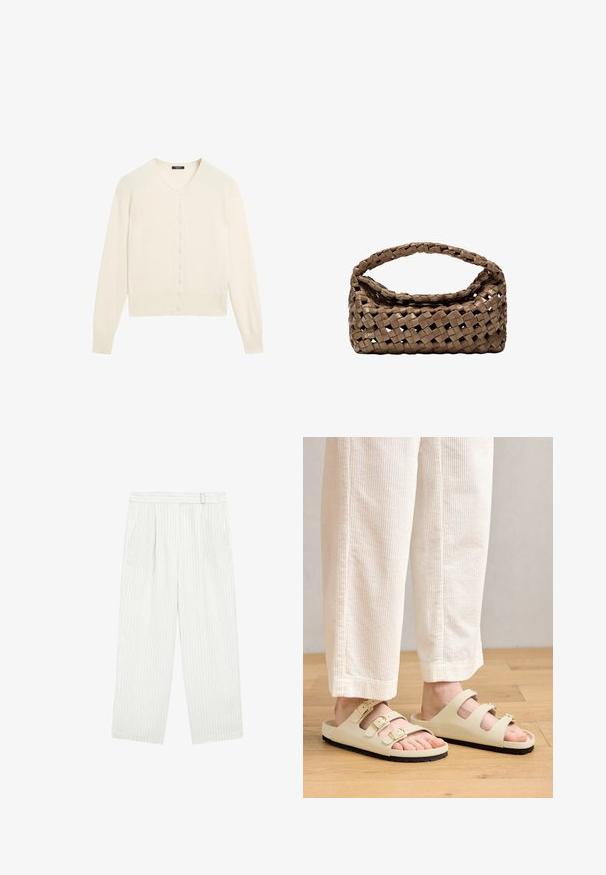 Krämfärgad stickad kofta med V-ringning, långa ärmar och knappstängning fram. Mjuk textur och ribbad detaljering vid ärmsluten och nederkant.; Vit ärmlös topp med avslappnad passform, rund halsringning, slät textur och rak nederkant. Enkelt mönster utan dekorationer eller beslag.; Vita vida byxor med vertikala ränder, med platt front, två sidofickor och en avslappnad passform. Mjuk tyg, minimal detaljer.; Ljust beige sandaler med tre justerbara remmar med metallspännen, en vadderad sula och en svart gummisula.; Vävd brun handväska med rektangulär form, strukturerat handtag och texturerad yta. Har en stängd topp och ett intrikat vävningmönster.