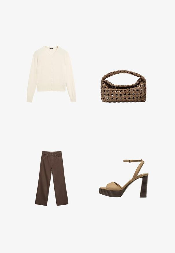 Světle krémový pletený svetr s výstřihem do V, dlouhými rukávy a zapínáním na knoflíky. Měkká textura a žebrované detaily na manžetách a spodním lemu.; Hnědé tričko s krátkým rukávem vyrobené z měkké látky, s kulatým výstřihem a volným střihem. Bez viditelných vzorů nebo dekorací.; Hnědé džíny s širokými nohavicemi vyrobené z denimu, s vysokým pasem, předními kapsami a klasickým zapínáním na knoflík. Hladká textura s jemným švem.; Bežové semišové sandály na vysokém podpatku s širokým předním páskem a páskem kolem kotníku, s masivním dřevěným blokovým podpatkem s texturovaným povrchem.; Tkaná hnědá kabelka s obdélníkovým tvarem, pevnou rukojetí a texturovaným povrchem. Disponuje uzavřeným vrchem a složitým vzorem tkaní.