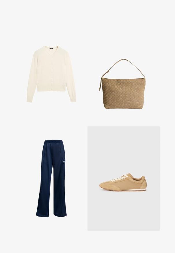 Cardigan lavorato a maglia di colore crema con scollo a V, maniche lunghe e chiusura frontale con bottoni. Tessuto morbido e dettagli a coste sui polsini e sull'orlo.; T-shirt bianca a maniche corte e scollo rotondo con vestibilità slim, esposta piatta su uno sfondo bianco.; Pantaloni sportivi blu navy realizzati in tessuto morbido, con elastico in vita e dettaglio del logo bianco sul fianco sinistro. Design a gamba dritta.; Sneaker marrone chiaro realizzato in suede e tessuto, con punta arrotondata, lacci bianchi e suola in gomma con finitura testurizzata.; Borsa in pelle beige intrecciata con una singola tracolla, caratterizzata da una forma rettangolare e una superficie testurizzata. Inclusi gli accessori per la regolazione della tracolla.
