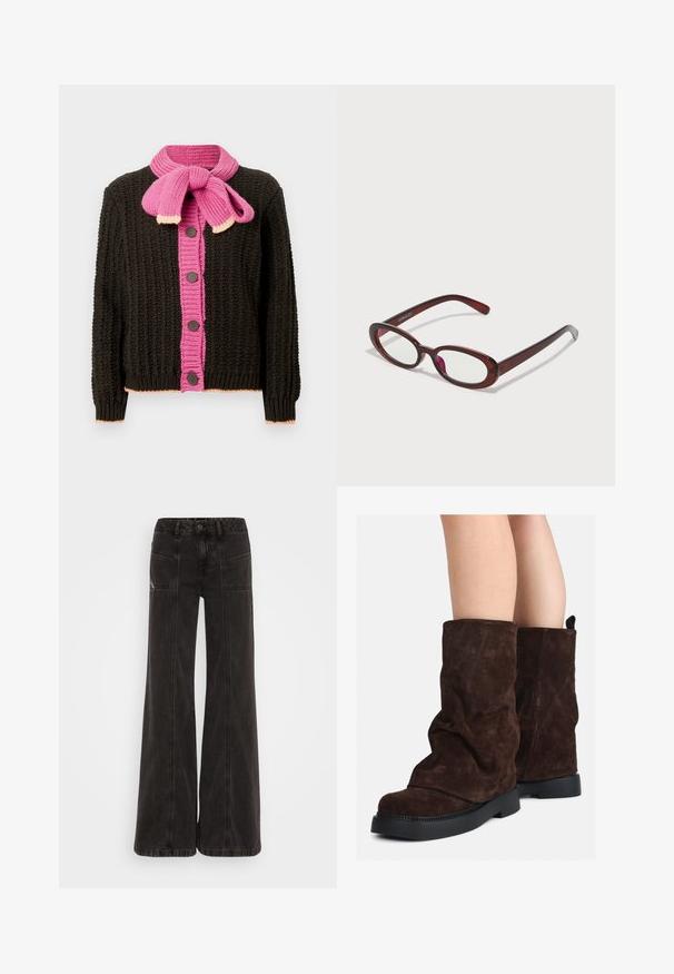 Black knitted cardigan with a pink ribbed button placket and scarf collar. Features brown buttons and light pink accents at the hem and cuffs.; Light green long-sleeve shirt with a button-up front, collar, textured fabric, and tie details at the cuffs. Straight hem design.; Black wide-leg jeans made of denim, featuring a high waist, front pockets, and tonal stitching along the seams.; Brown suede mid-calf boots with black rubber soles worn on bare legs, showing slight wrinkling on the boot shafts.; Oval-shaped red sunglasses with clear lenses and sleek brown frames. The design features subtle curves and minimal hardware.