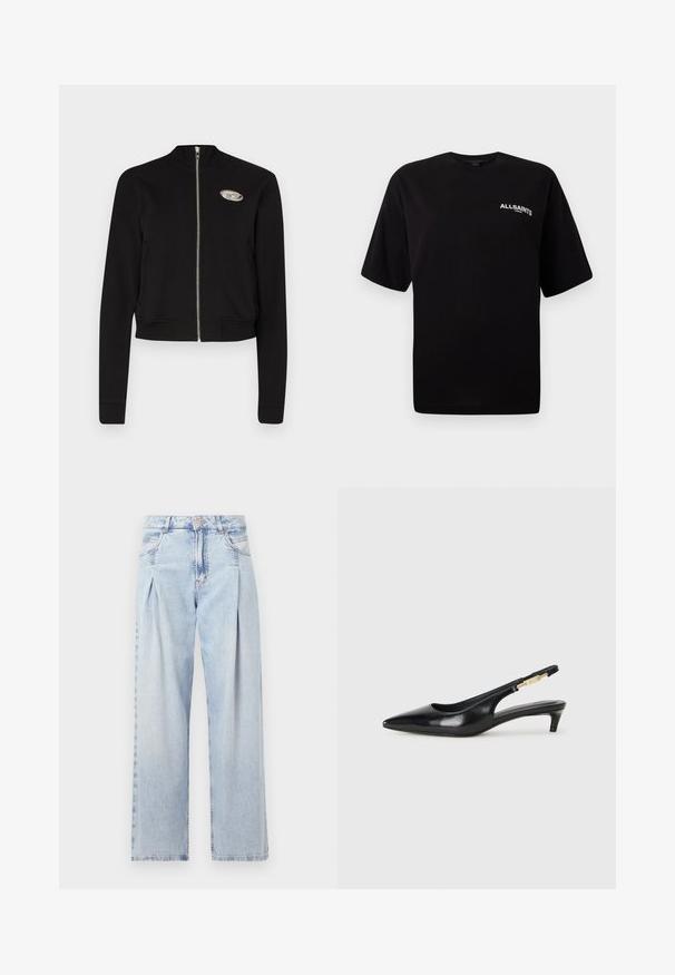 Fekete, rövid fazonú, cipzáros dzseki, puha anyagból. Magas gallérral, bordázott mandzsettával és derékpánttal rendelkezik, a mellkason ezüstszínű logóval.; Fekete pamut póló kerek nyakkivágással, rövid ujjal, a bal mellrészen szereplő kis fehér "ALLSAINTS" logóval. Sima textúrájú, laza fazonú.; Világoskék farmernadrág magas derekú, bő szabású, két oldalsó zsebbel és pliszírozott dizájnnal. Puha tapintású, elhalványított felület.; Fekete bőr slingback magassarkúk, hegyes orral, vékony sarkakkal és arany színű részlettel a állítható pánton. Simа felület.