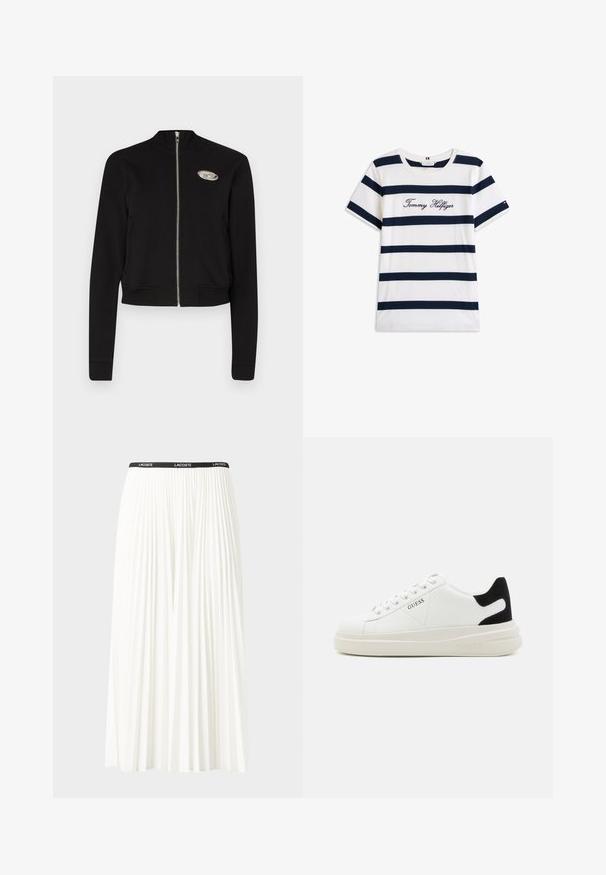 Melnā kroppa zīmu jaka, izgatavota no mīksta auduma. Tai ir augsts apkakle, ribota aproces un jostas, kā arī sudraba logo uz krūtīm.; Kokvilnas T-krekls ar horizontālām tumši zilām svītrām uz balta fona. "Tommy Hilfiger" izšūts skriptā uz krūšu daļas. Cauruma apkakle.; Gari plānas baltas svārku ar melnu elastīgu jostu, uz kuras redzams "LACOSTE" logo. Vidēja garuma dizains ar mīkstu tekstūru.; Baltas ādas sporta apavi ar biezu balto zoli, melna zamša uzpura un izspiestais logotips sānos. Šņorējuma dizains ar sešiem acu caurumiem.