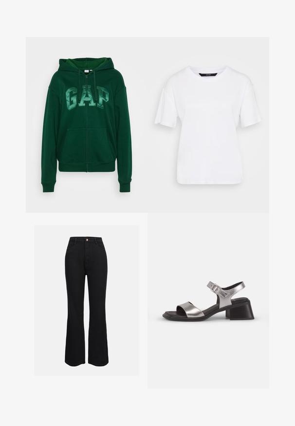 Zelena dukserica s GAP logo-om u svjetlijoj zelenoj, punim zatvaračem, velikim prednjim džepovima i kapuljačom s vezicom. Napravljena od mekog, teksturiranog materijala.; Bijela kratka majica s kratkim rukavima izrađena od pamuka. Ima okrugli izrez i opušteni kroj, s jednostavnim dizajnom bez vidljivih uzoraka ili akcenta.; Crne traperice visokog struka s flared nogavicama, izrađene od denima, s klasičnim džepovima i prednjim zatvaranjem na gumbe. Glatka tekstura i ujednačena boja.; Srebrne kožne sandale s otvorenim prstima, sa širokom prednjom trakom, trakom oko gležnja sa kopčom i srednjim blok petama.