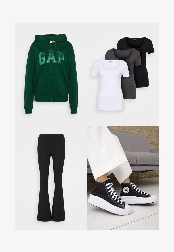 Zelená mikina s kapucí a logem GAP v světlejší zelené barvě, s plným zipem, velkými předními kapsami a stahovací kapucí. Vyrobena z měkké, strukturované tkaniny.; Tři přiléhavé trička v bílé, šedé a černé barvě. Každé má široký výstřih a krátké rukávy. Vyrobeno z hladké, pružné tkaniny.; Černé zvonové kalhoty vyrobené z elastického materiálu, s vysokým pasem a hladkou texturou. Kalhoty se rozšiřují od kolene.; Černé vysoké tenisky s bílými gumovými podrážkami a tkaničkami. Mají kulatou nášivku s logem a kontrastní bílé prošití. Materiál plátno.