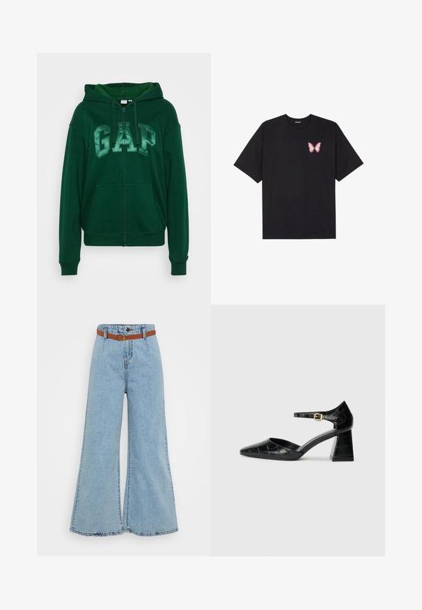 Sweatshirt verde com o logótipo GAP em verde mais claro, com fecho de correr completo, grandes bolsos frontais e capuz com cordão. Feito de tecido macio e texturado.; T-shirt de algodão preto com mangas curtas, apresentando um pequeno gráfico de borboleta rosa no lado esquerdo do peito. Design de gola redonda com um corte solto.; Jeans amplos de cor azul clara com cintura alta, cinturão elástico e um cinto castanho em contraste. Apresentam costuras visíveis e uma bainha desfiada.; Sapato de salto alto em couro envernizado preto com bico apontado, tira no tornozelo e padrão texturizado de crocodilo. Design de salto quadrado.