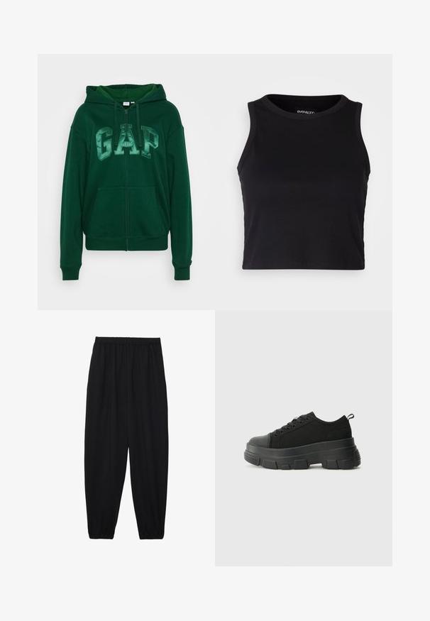 Zaļa kapuce ar GAP logotipu gaišākā zaļā krāsā, pilns rāvējslēdzis, lieli priekšējie kabatas un regulējama kapuce. Izgatavota no mīksta, teksturēta auduma.; Melna ribota īsā topa ar apaļu kakla izgriezumu un bez piedurknēm. Izgatavota no mīksta, elastīga auduma, ar tīrām apgrieztām malām.; Melnas, vieglas bikses ar elastīgu jostu un savilktiem potītiem. Audums ir gluds un to raksturo brīva, sašaurināta forma.; Melnas kedas ar masīvu gumijas zoli, teksturētu auduma augšdaļu, apaļu purngalu un saistīšanas dizainu. Iekļautas pastiprinātas acs atveres un aizmugurējais cilpiņas siksniņa.