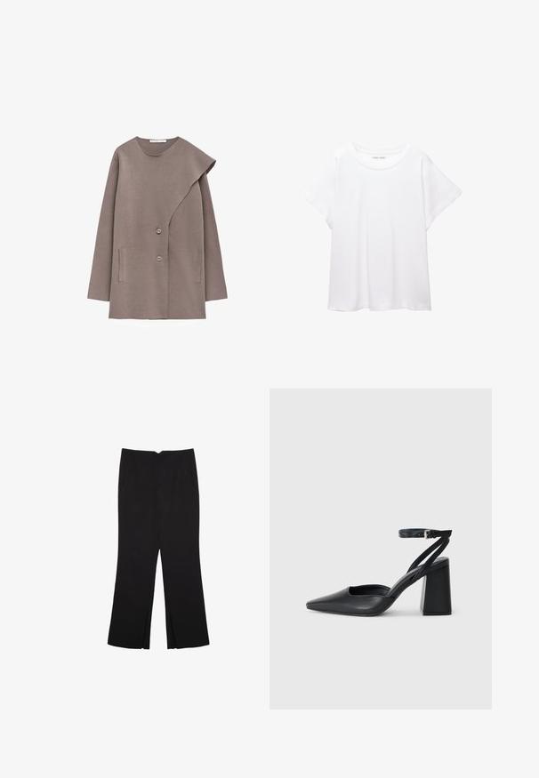 Giacca lunga color taupe con maniche lunghe e una pattina asimmetrica sul davanti, due bottoni e due tasche verticali, realizzata in tessuto morbido.; T-shirt bianco realizzato in un tessuto morbido e leggero. Presenta un collo rotondo e maniche corte e larghe con vestibilità morbida. Nessun motivo visibile.; Pantaloni neri a gamba dritta, con tasche frontali e spacchi laterali all'orlo. Realizzati in tessuto morbido e liscio. Adatti a diverse occasioni.; Pump in pelle nera con punta affusolata, cinturino alla caviglia e tacco spesso. Texture piatta, design elegante ed estetica minimalista.